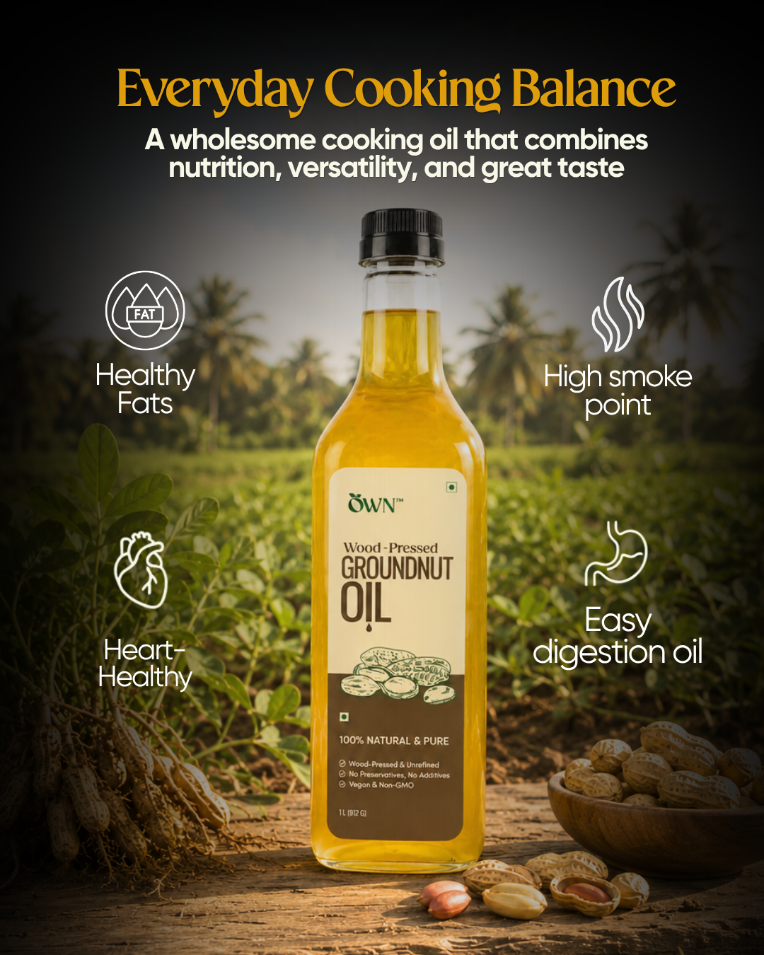 Pure Groundnut Oil, Wood-Pressed
